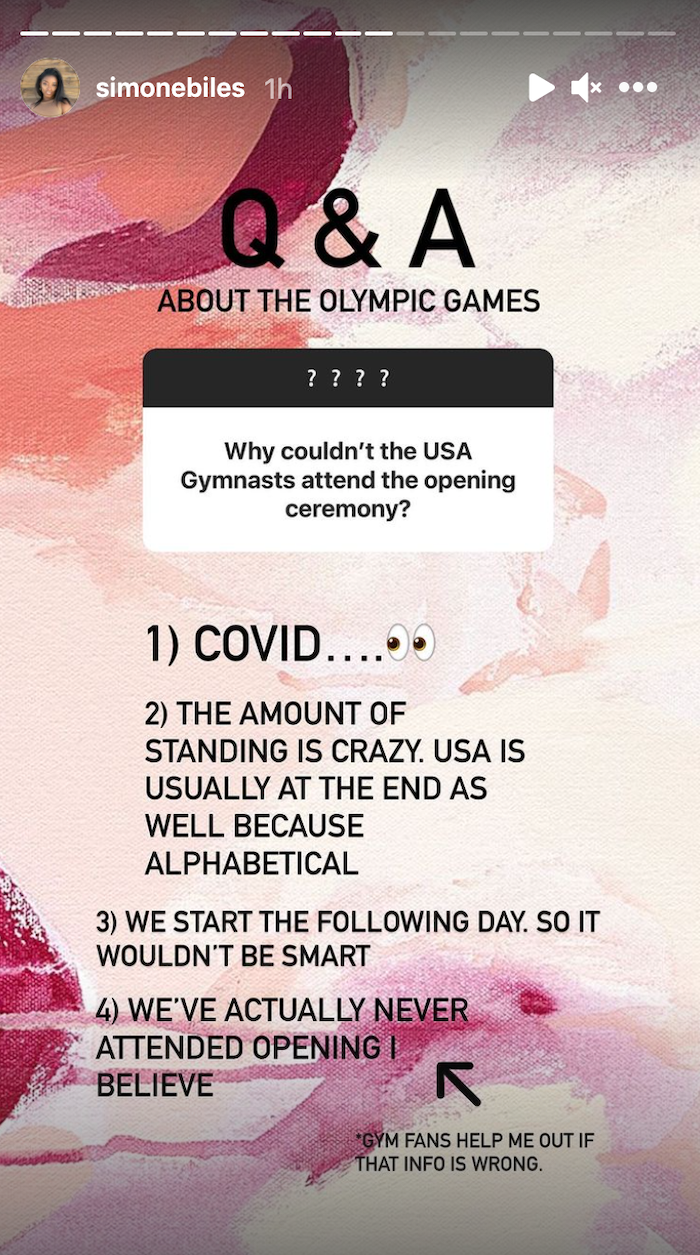 Simone Biles.' Instagram Story response to a fan asking about the opening ceremony